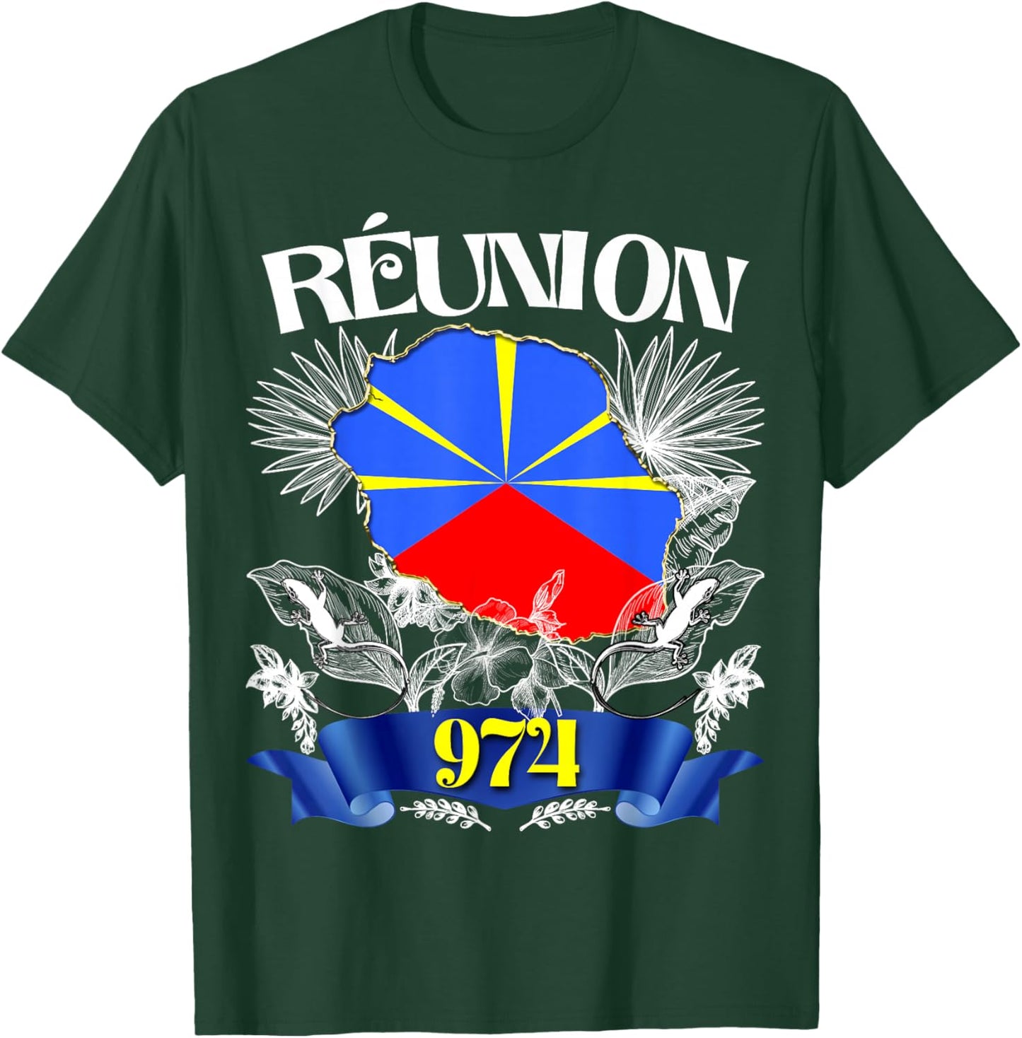 Flag Reunion 974 Le La Margouillat Tropical Flowers T-Shirt - T-Shirt | Forest