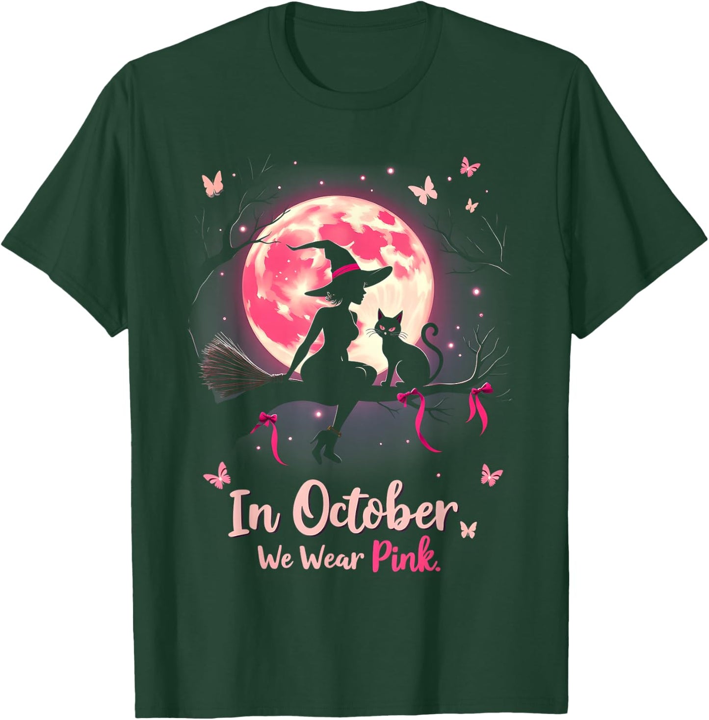 In October We Wear Pink Halloween Witch Breast Cancer T-Shirt - T-Shirt | Forest