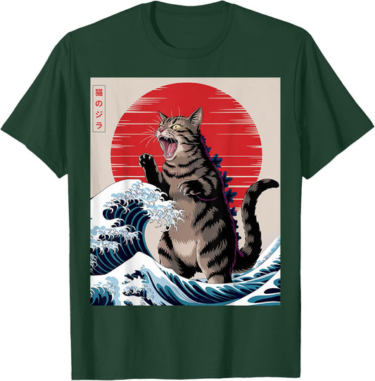 Catzilla Cat Japanese Anime Art Funny Graphic Grey Tabby Cat Men Women Kids T-Shirt - T-Shirt | Forest