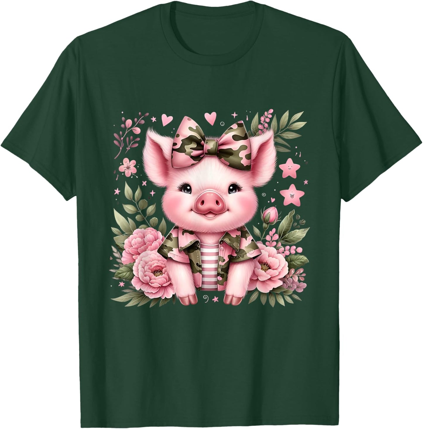Cute Pig Camouflage Old Camo Bow Camo Coquette Bow Hunting T-Shirt - T-Shirt | Forest