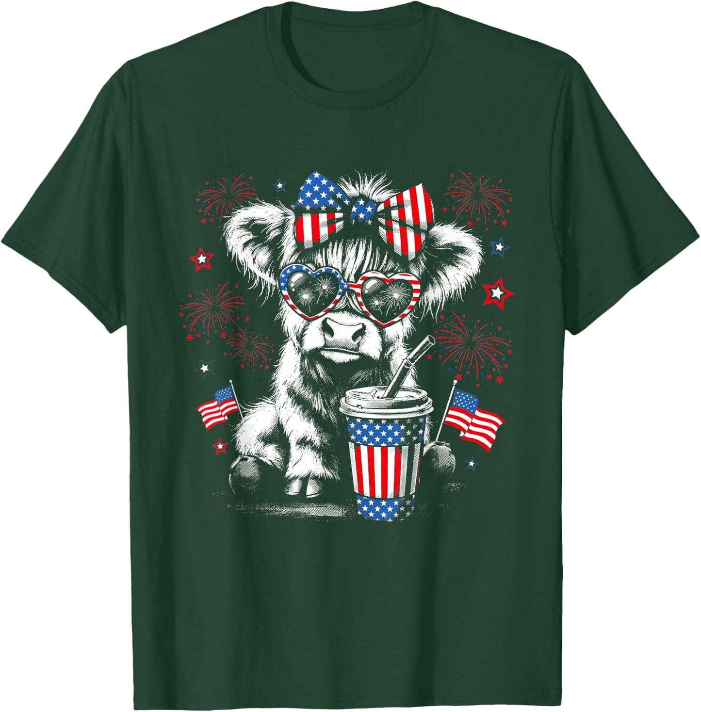 Patriotic Bow Sunglasses Highland Cow Fireworks USA Flag T-Shirt - T-Shirt | Forest
