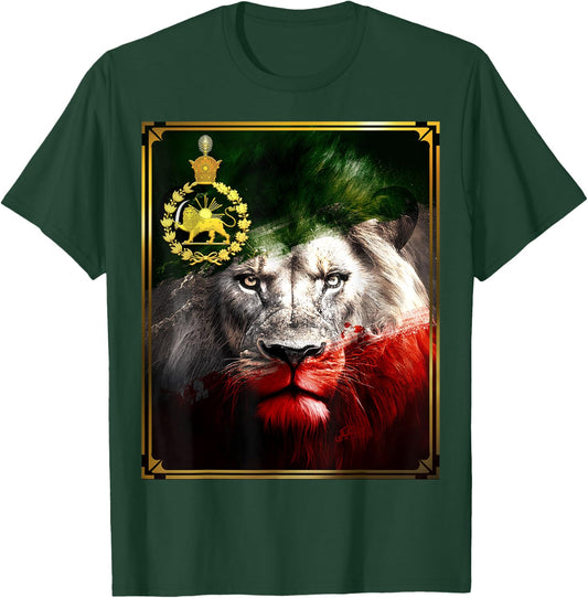 Iranian Flag On Lion Head With Golden Lion Pahlavi , black T-Shirt - T-Shirt | Forest