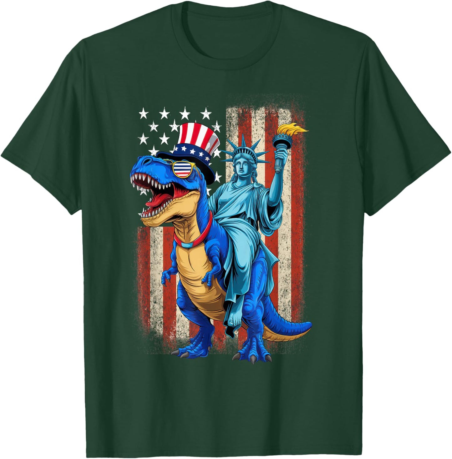 Dino Statue Of Liberty American Flag 4th Of July T-Shirt - T-Shirt | Forest
