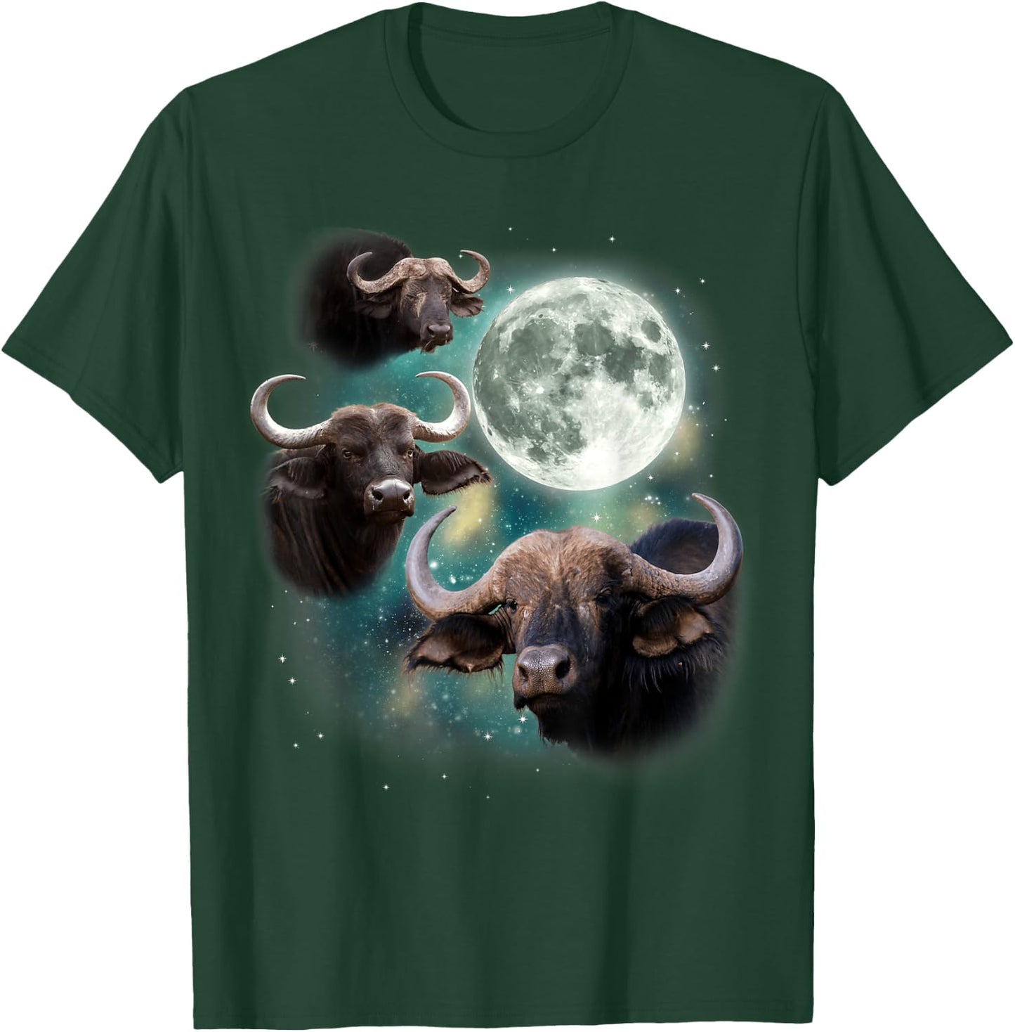 Three Water Buffaloes Moon | 3 Wild Buffaloes Howling Meme T-Shirt - T-Shirt | Forest