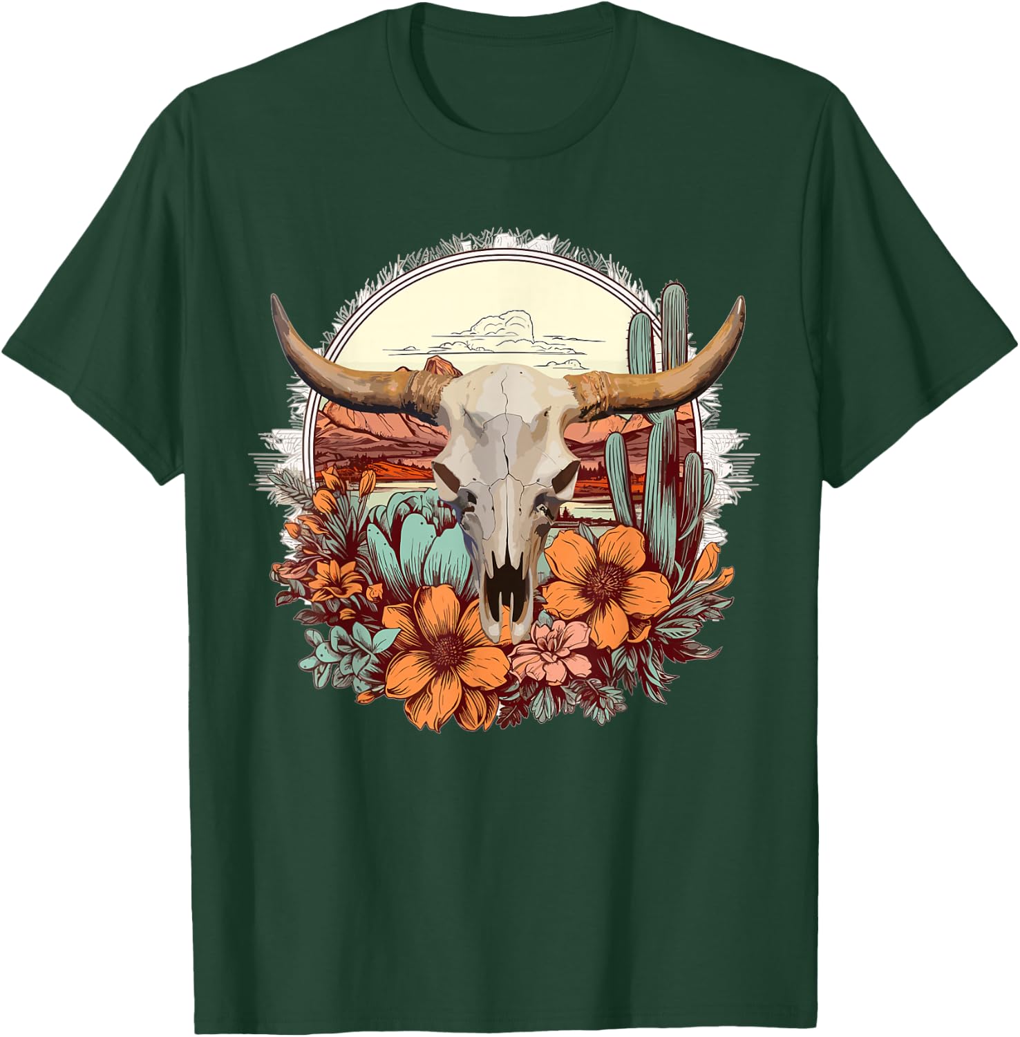 Cow Skull Vintage Boho Cowgirl Cactus Flowers Western Rodeo T-Shirt - T-Shirt | Forest