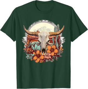 Cow Skull Vintage Boho Cowgirl Cactus Flowers Western Rodeo T-Shirt - T-Shirt | Forest