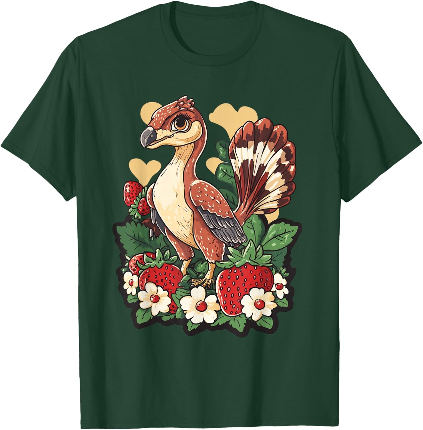 Anchiornis Dinosaur with Strawberries Dino Lover T-Shirt - T-Shirt | Forest
