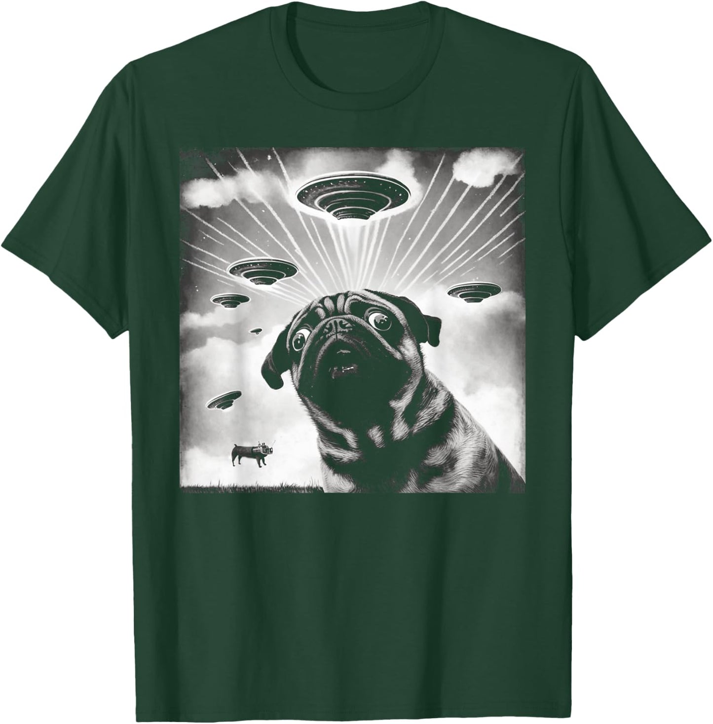 UFO Flying Alien UAPs Funny Pug Selfie Retro T-Shirt - T-Shirt | Forest