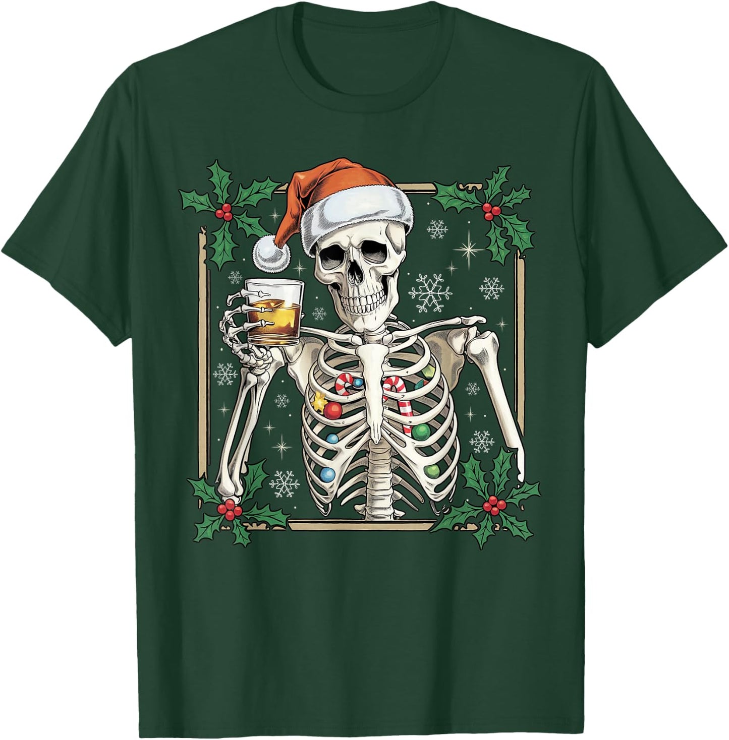 Funny Skeleton Santa Hat Drinking Bourbon Whiskey Christmas T-Shirt - T-Shirt | Forest