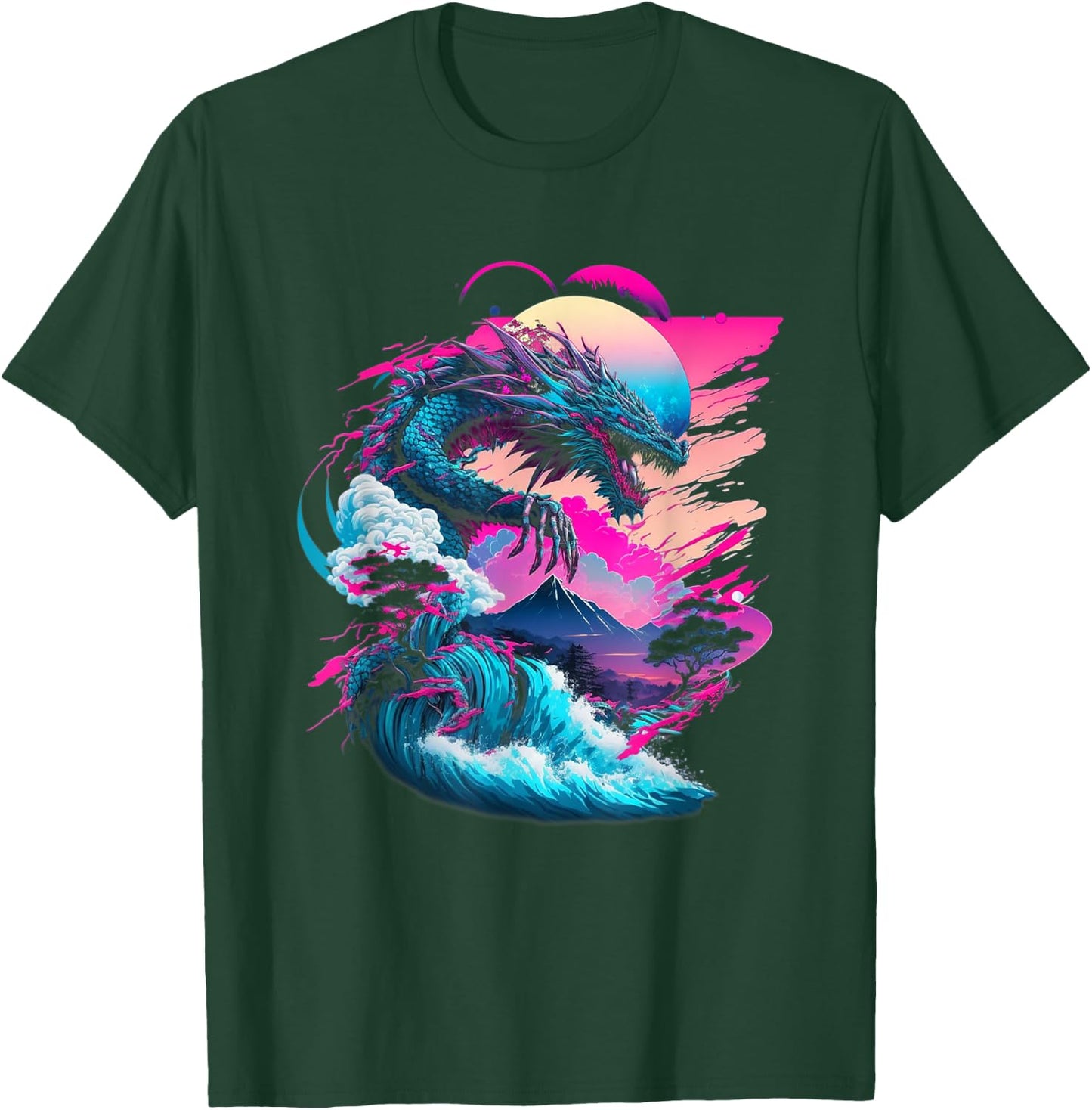 Dragon Vaporwave Abstract Landscape Moon Tree Waterfall T-Shirt - T-Shirt | Forest