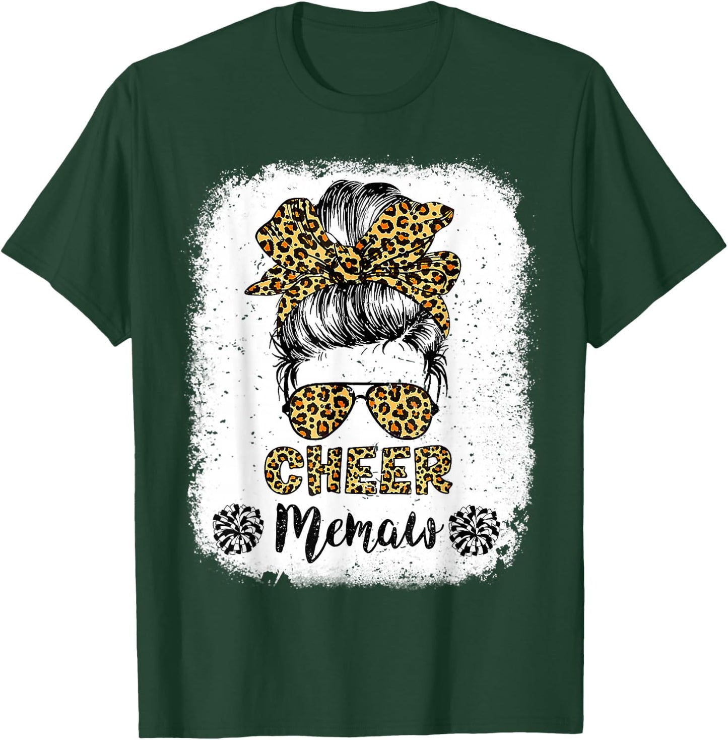 Cheer Memaw Leopard Messy Bun Cheerleader Bleached T-Shirt - T-Shirt | Forest