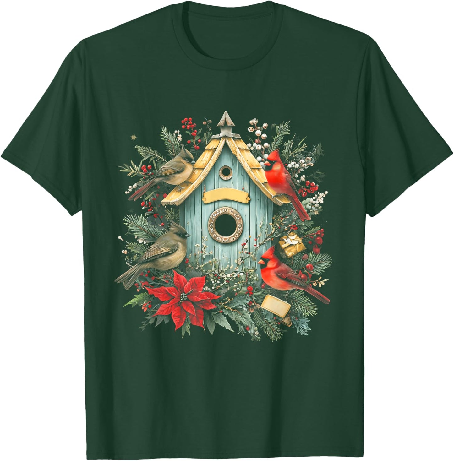 Birdhouse Cardinal Winter Birds Lover Christmas Birdwatcher T-Shirt - T-Shirt | Forest