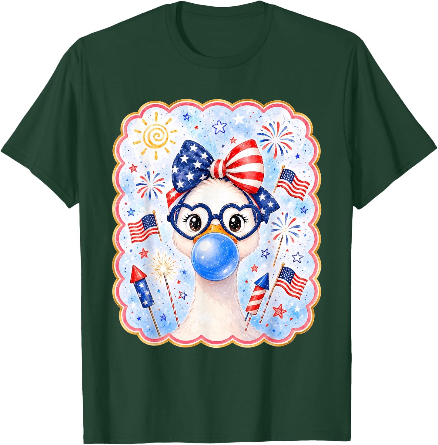 Cute Goose Bubble Gum Bow USA America Flag 4th of July Girl T-Shirt - T-Shirt | Forest