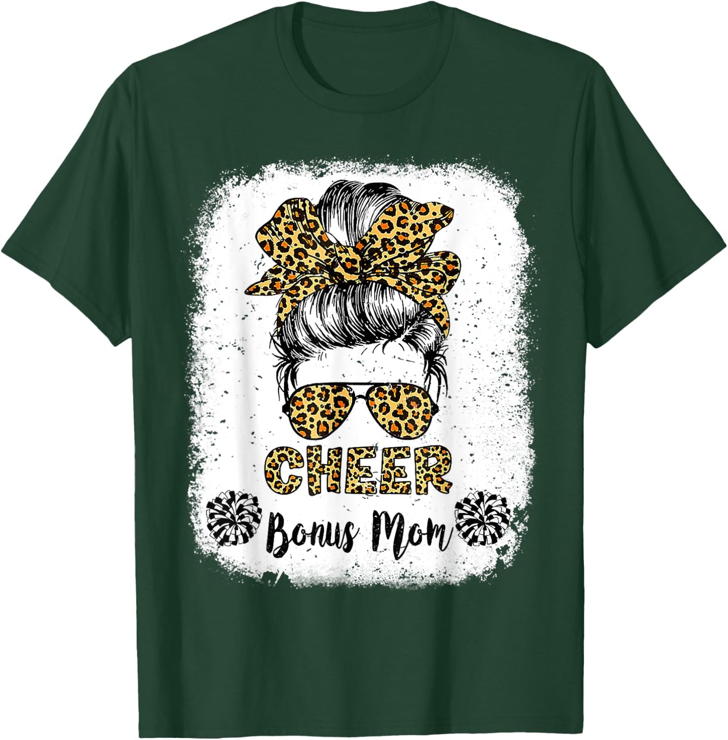 Cheer Bonus Mom Leopard Messy Bun Cheerleader Bleached T-Shirt - T-Shirt | Forest