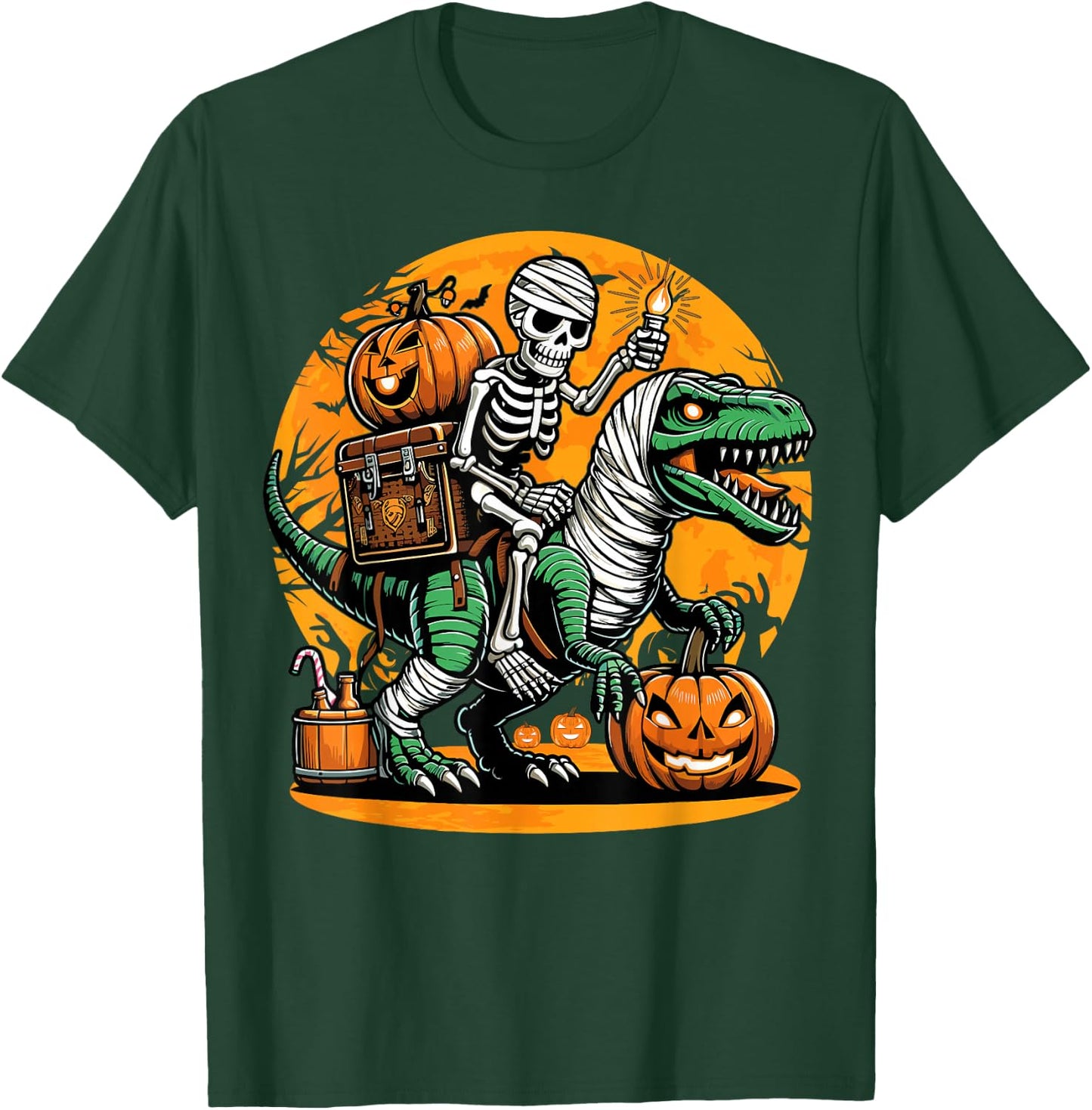 Skeleton Riding Mummy Dinosaur Pumpkin Spooky Trex Halloween T-Shirt - T-Shirt | Forest