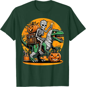 Skeleton Riding Mummy Dinosaur Pumpkin Spooky Trex Halloween T-Shirt - T-Shirt | Forest