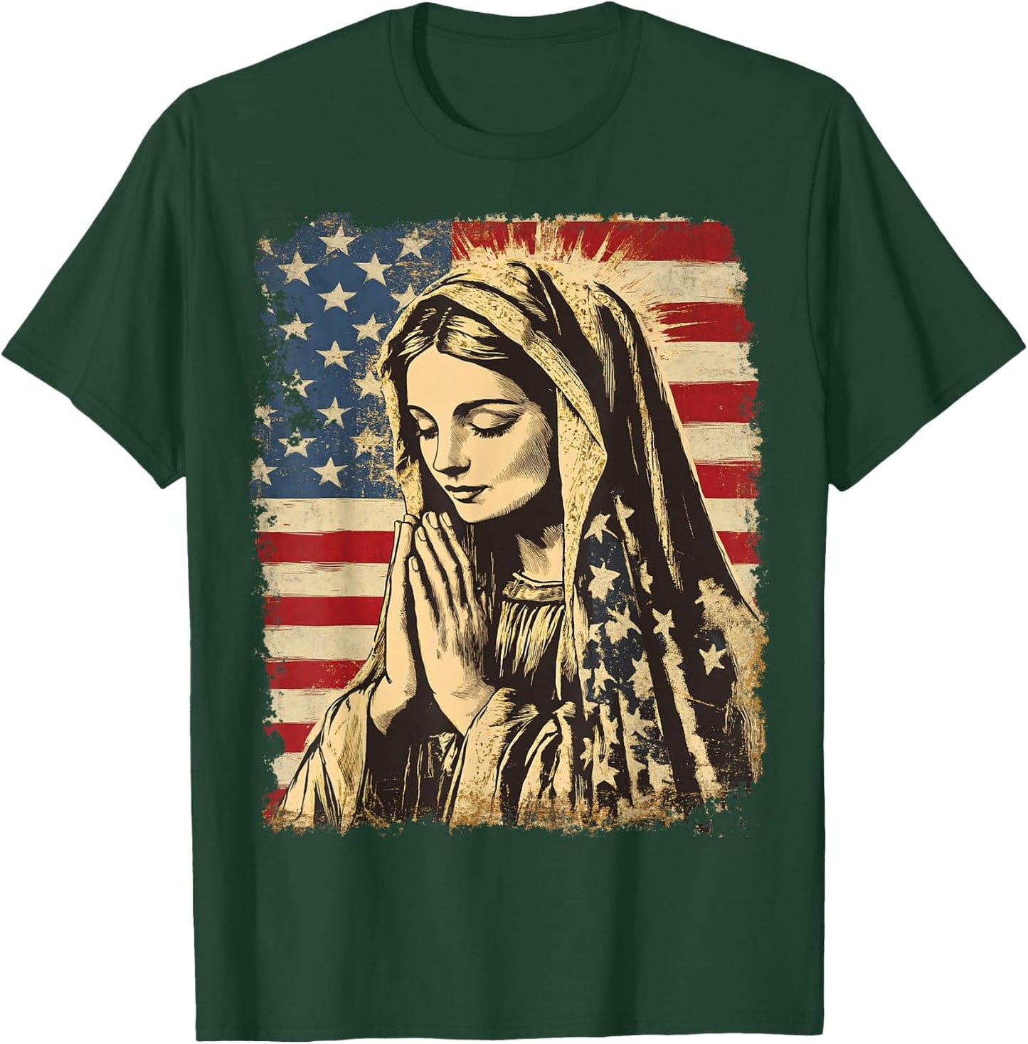 USA American US Flag The Virgin Mary Prayer Theology T-Shirt - T-Shirt | Forest