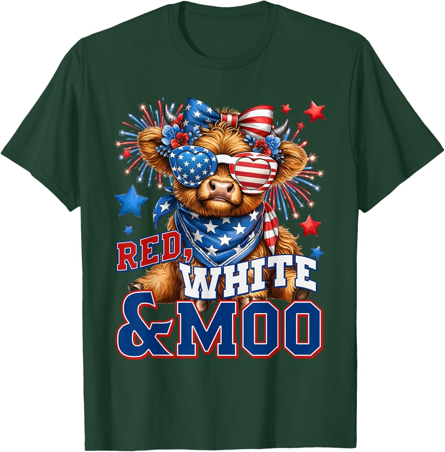 Red White and Moo Cute Highland Cow 4th of July Farmer T-Shirt - T-Shirt | Forest