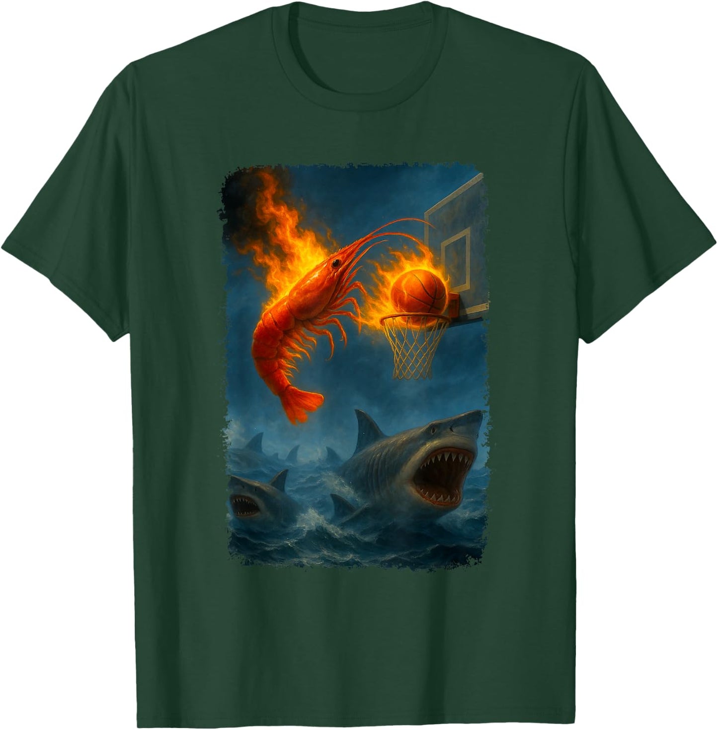 Funny Flaming Shrimp Slam Dunking Over Some Sharks Meme T-Shirt - T-Shirt | Forest