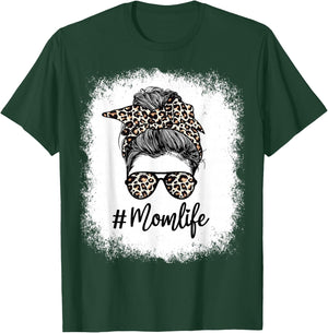 Bleached Mom Life Leopard Messy Bun Hair Bandana Glasses T-Shirt - T-Shirt | Forest