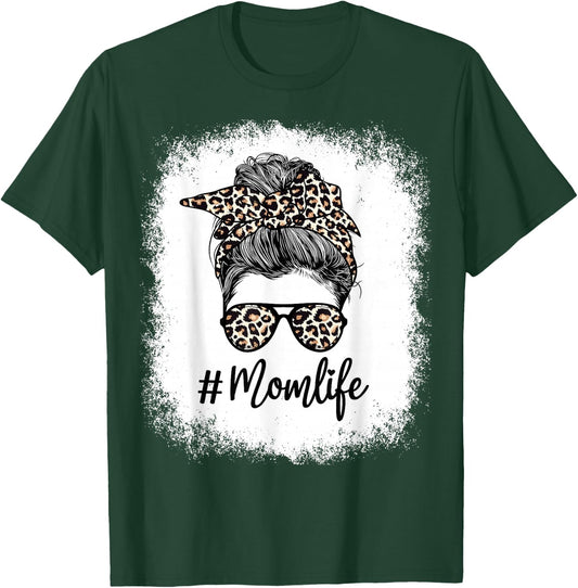 Bleached Mom Life Leopard Messy Bun Hair Bandana Glasses T-Shirt - T-Shirt | Forest