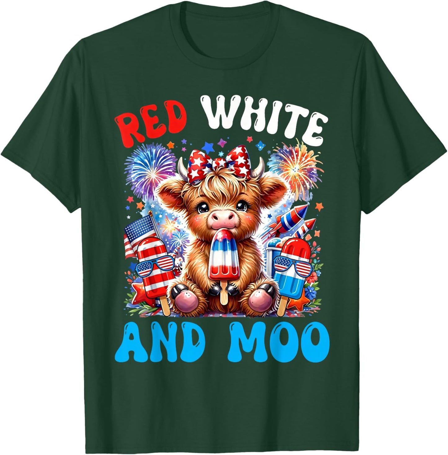 4th of July Highland Cow Popsicle Patriotic Red White & Moo T-Shirt - T-Shirt | Forest