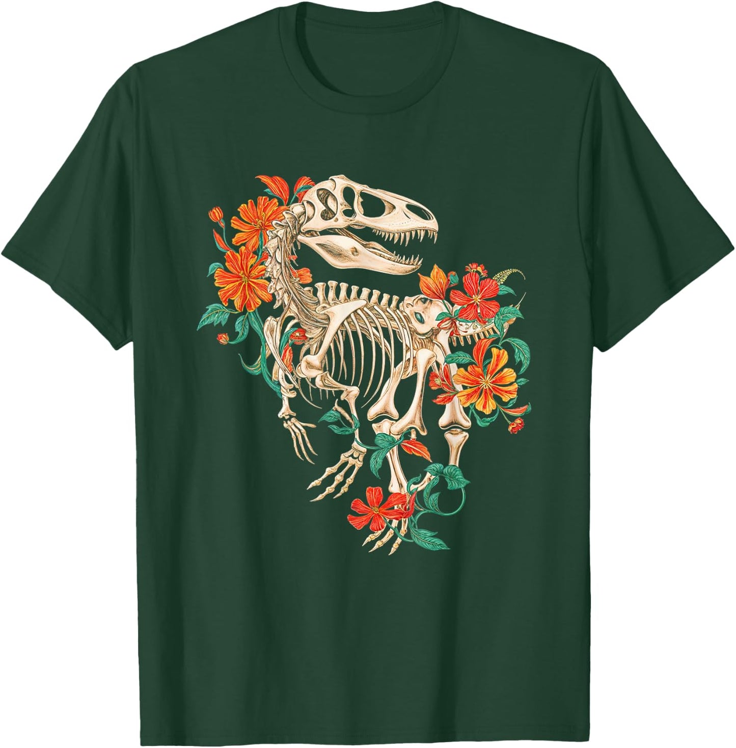 Rex Skeleton Dinosaur Flowers Dino Skeleton Nature T-Shirt - T-Shirt | Forest
