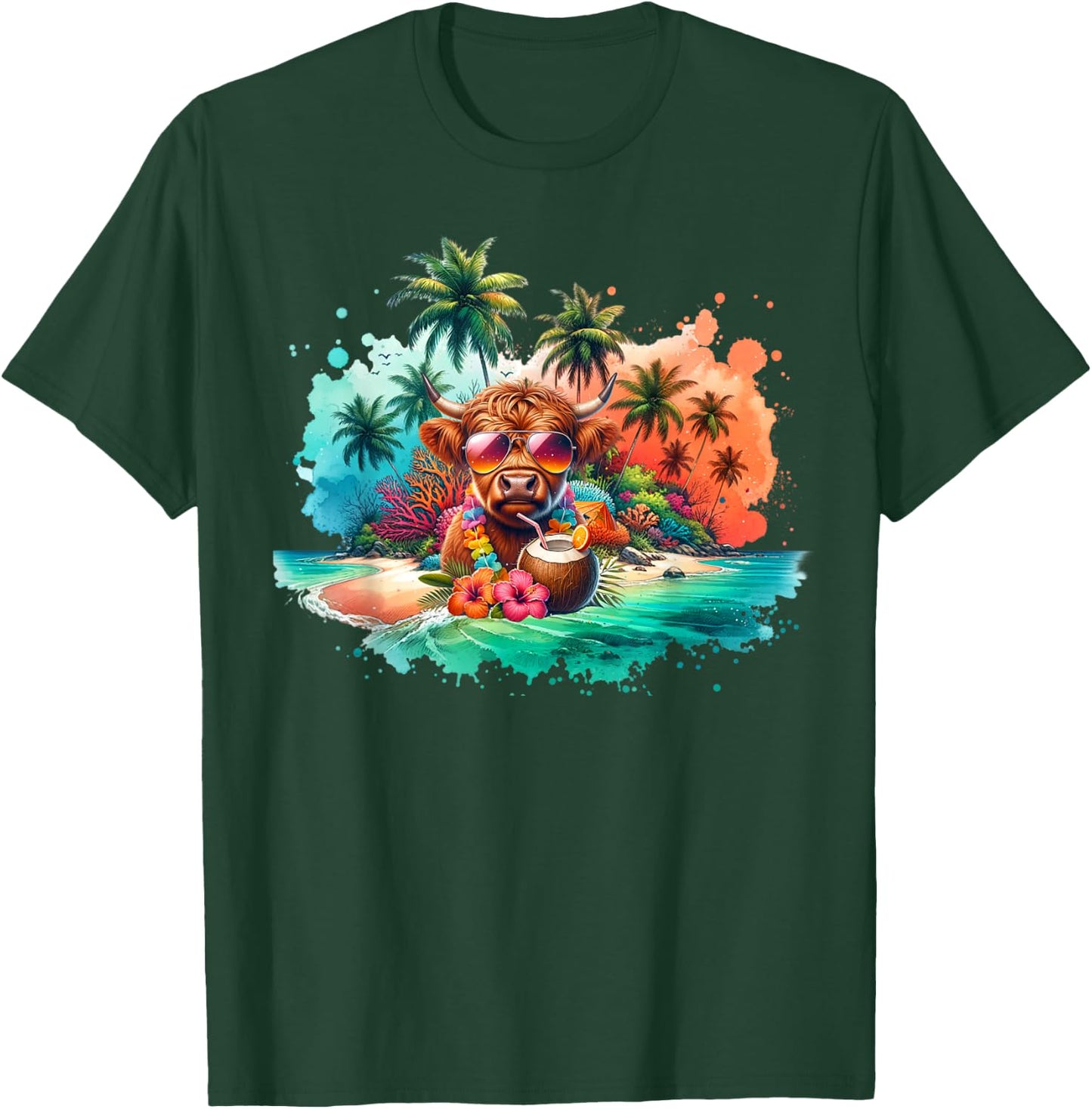 Tropical Highland Cow Summer Vibes Funny Beach T-Shirt - T-Shirt | Forest