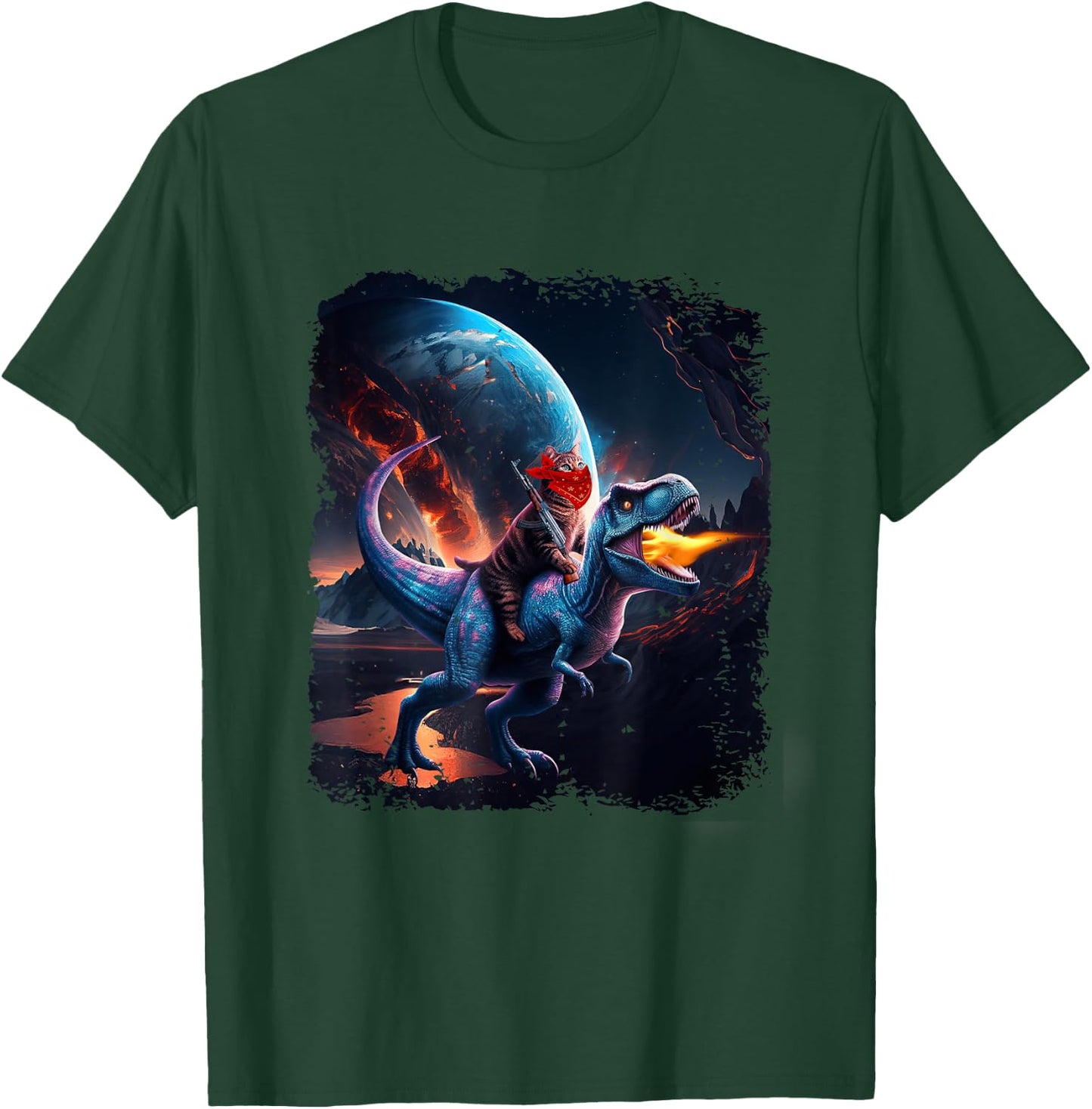 Chat chevauchant un dinosaure T-Rex Image Like Galaxy Cat Sci-Fi T-Shirt - T-Shirt | Forest