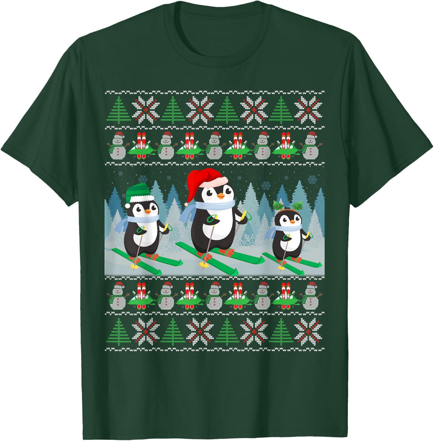 Penguin Skiing Ugly Christmas Sweater Sports Penguin Santa T-Shirt - T-Shirt | Forest