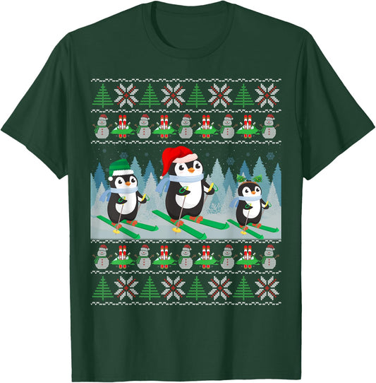 Penguin Skiing Ugly Christmas Sweater Sports Penguin Santa T-Shirt - T-Shirt | Forest