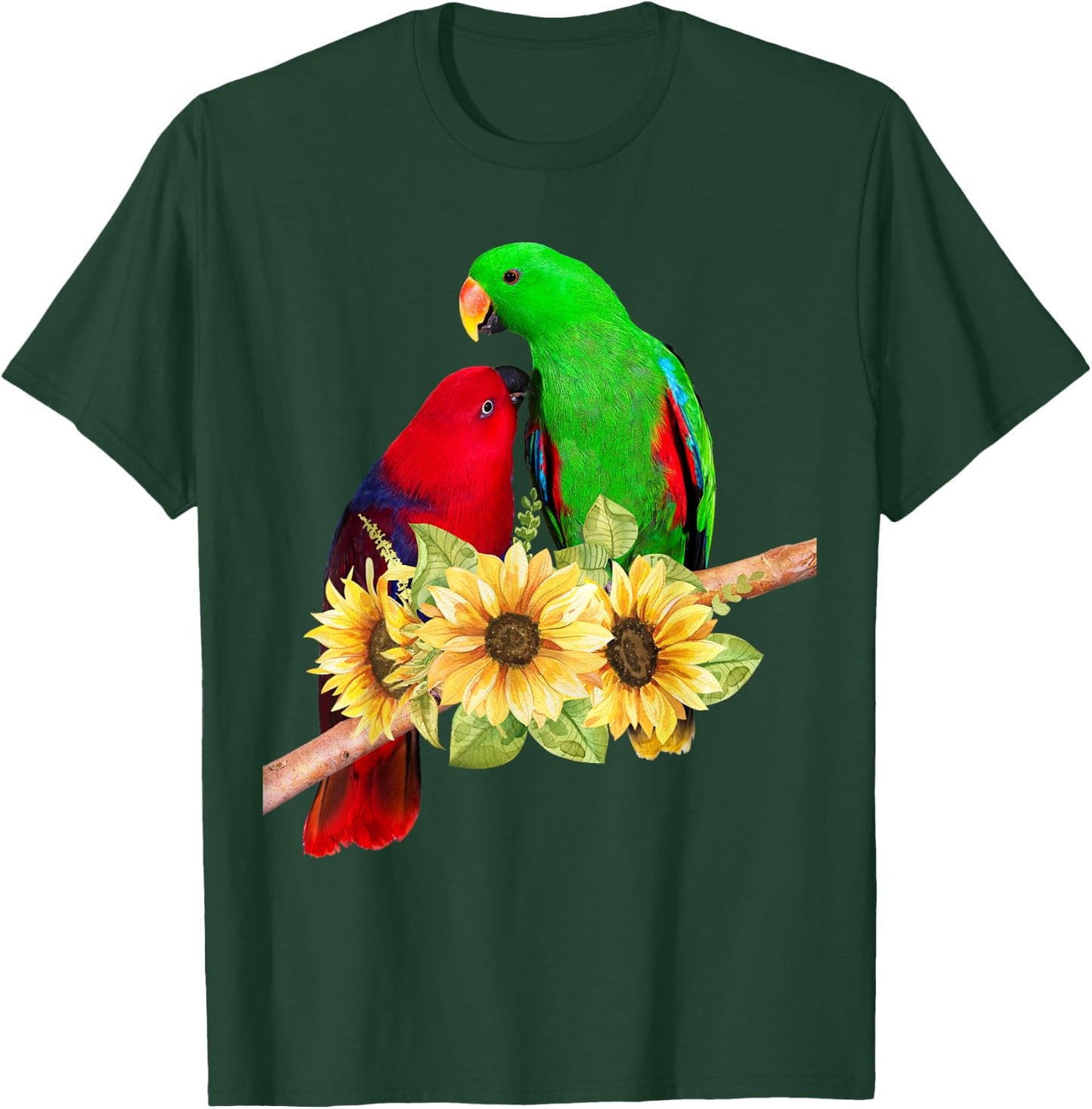 Pair of Eclectus Parrots Male Female behind sunflowers T-Shirt - T-Shirt | Forest