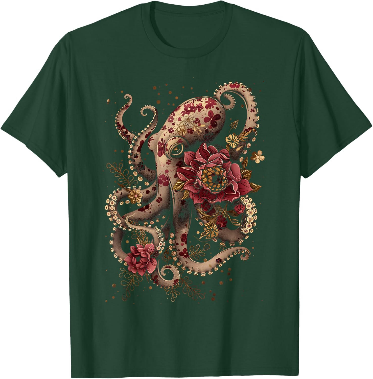 Octopus Floral Vintage Flowers Squid Kraken Scuba Diving T-Shirt - T-Shirt | Forest