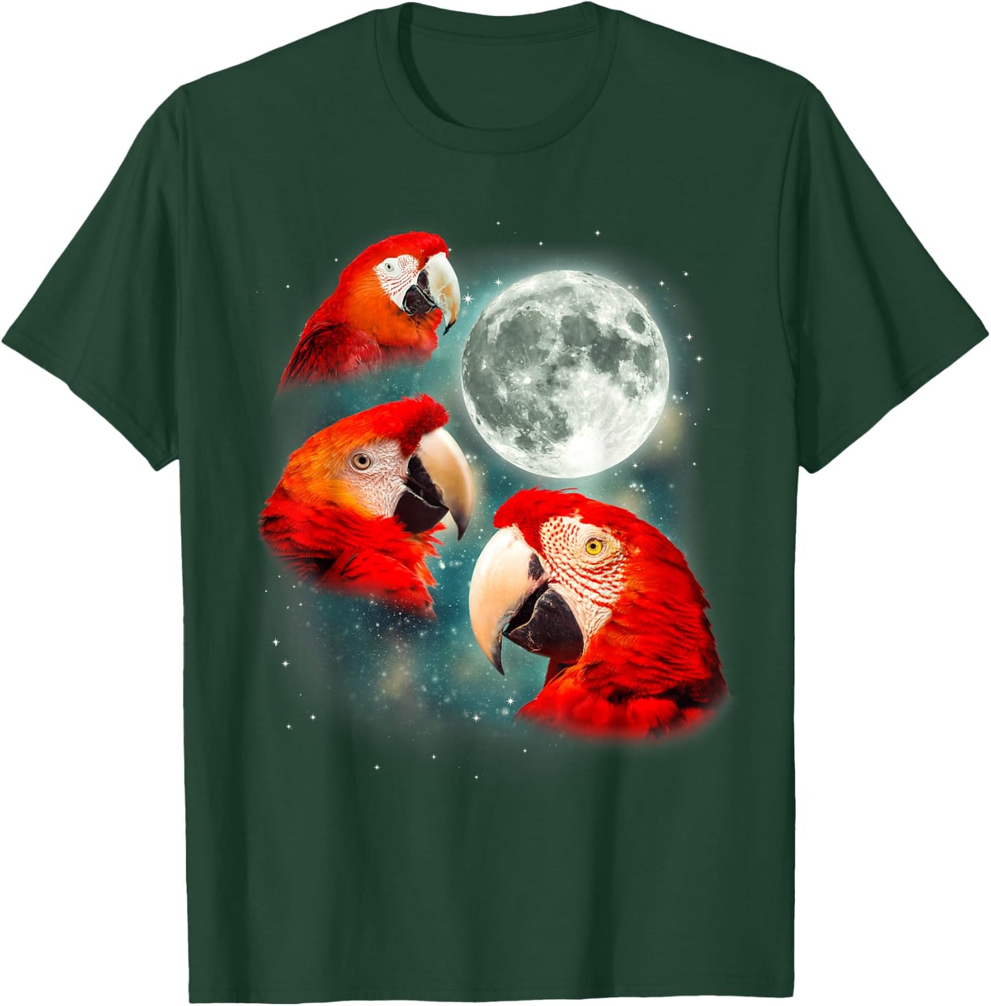 Three Parrot Moon | 3 Tropical Bird Exotic Parakeet Parody T-Shirt - T-Shirt | Forest