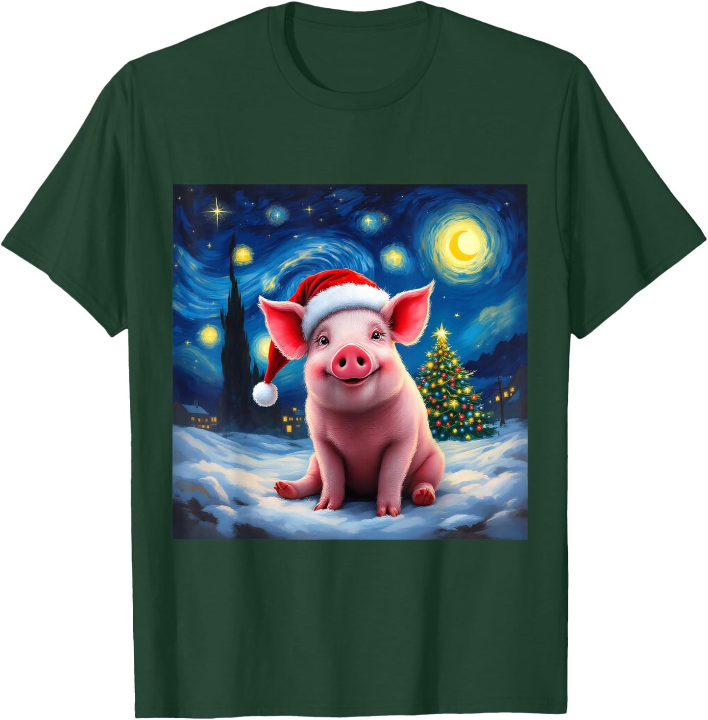 Pig Santa Hat Christmas Van Gogh Starry Night Holiday T-Shirt - T-Shirt | Forest