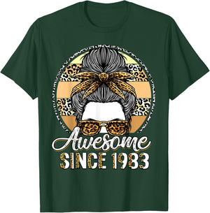 Awesome since 1983 40 Years Old Messy Bun Leopard T-Shirt - T-Shirt | Forest