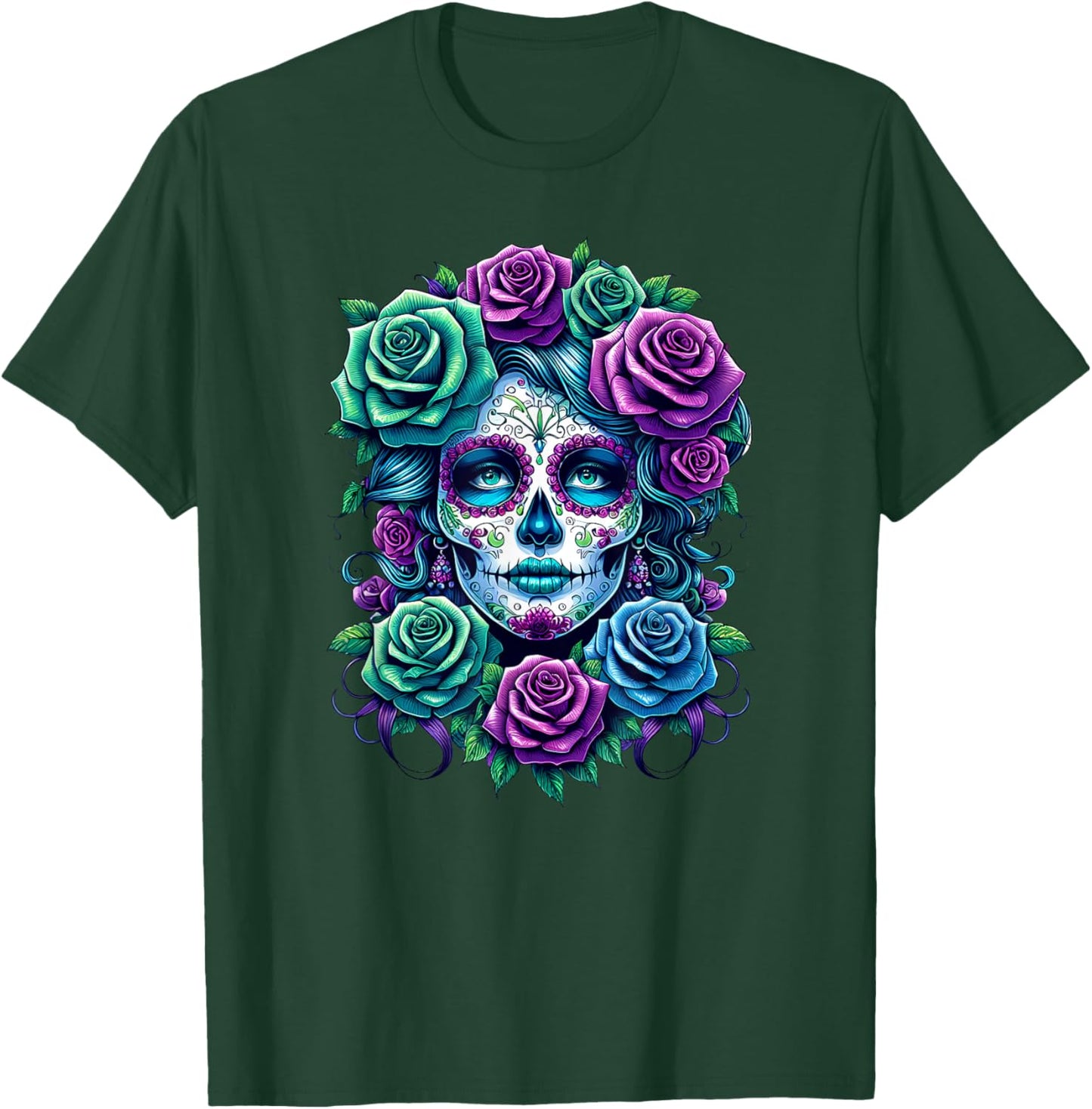 Dia de Muertos Cinco de Mayo Sugar Skull Women Flowers Roses T-Shirt - T-Shirt | Forest