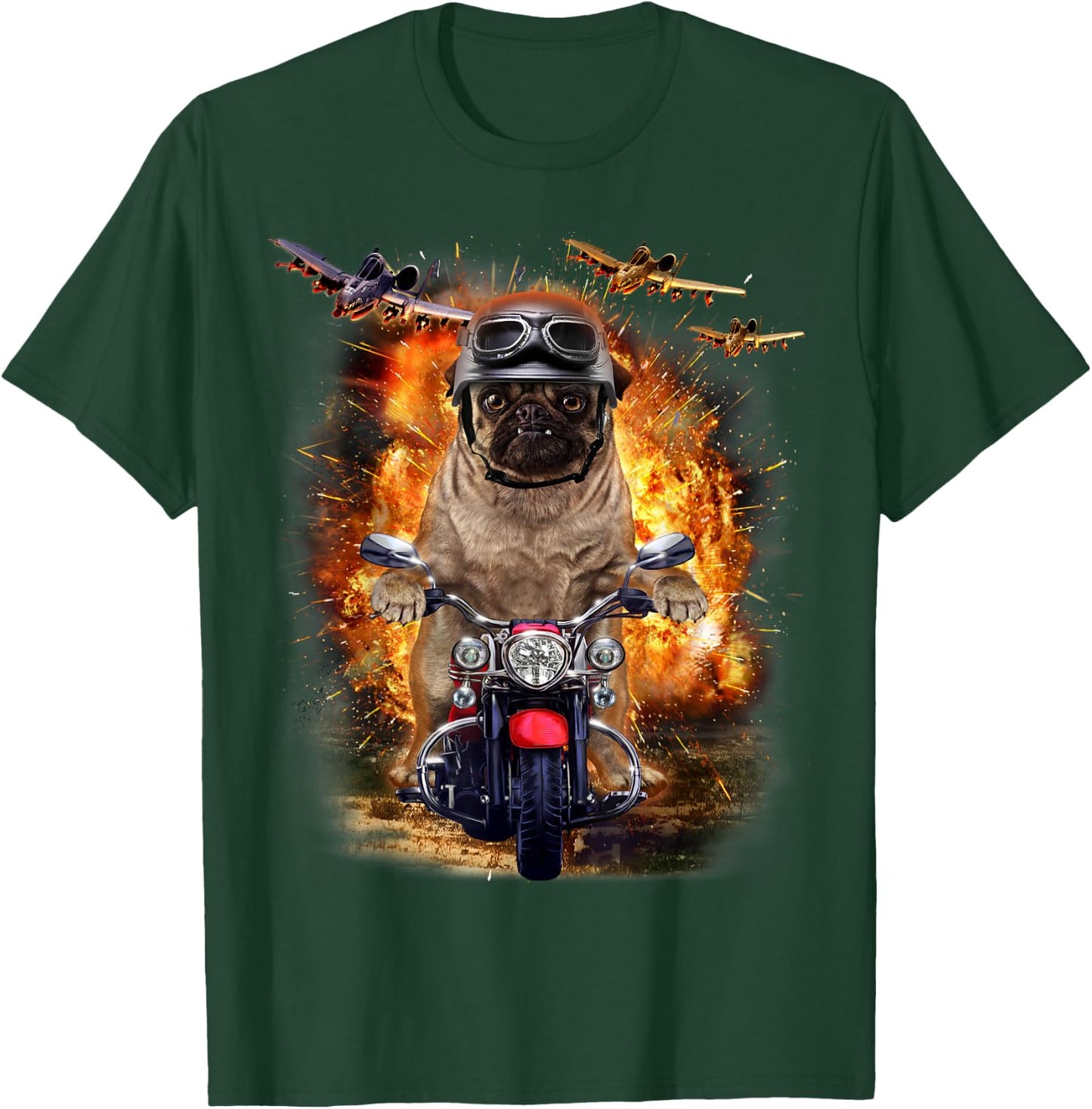 Grumpy Pug Dog Ride Motorcycle Through Battle Men Women Kids T-Shirt - T-Shirt | Forest