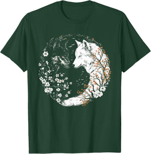Yin Yang Of White And Black Wolves With Flower Wolf Lover T-Shirt - T-Shirt | Forest
