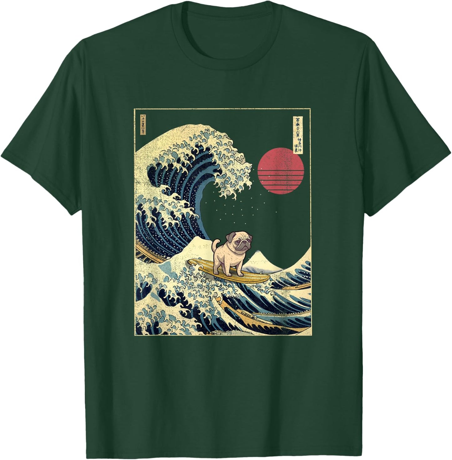 Mops Japanischer Kanagawa Wave Funny Surf Dog T-Shirt - T-Shirt | Forest