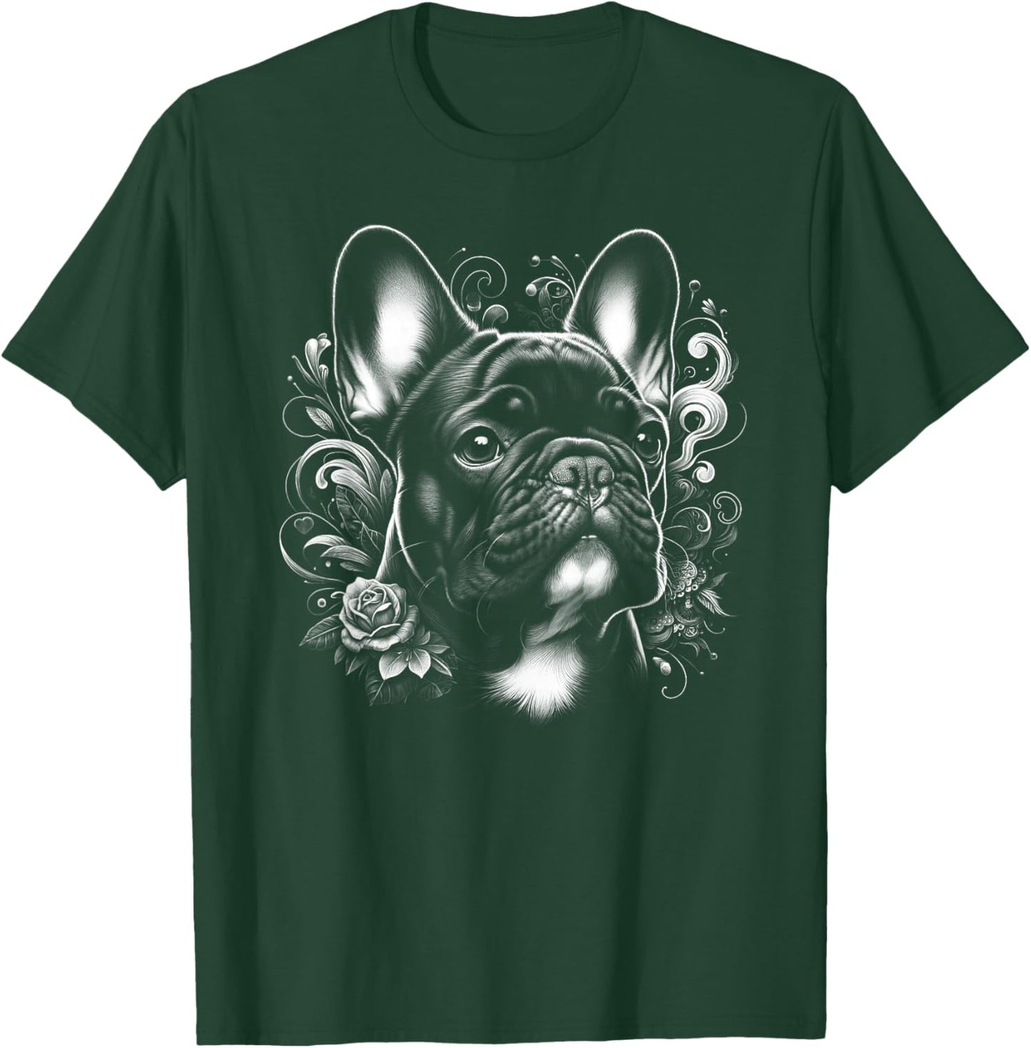 Cute French Bulldog with Flower Decoration , black T-Shirt - T-Shirt | Forest