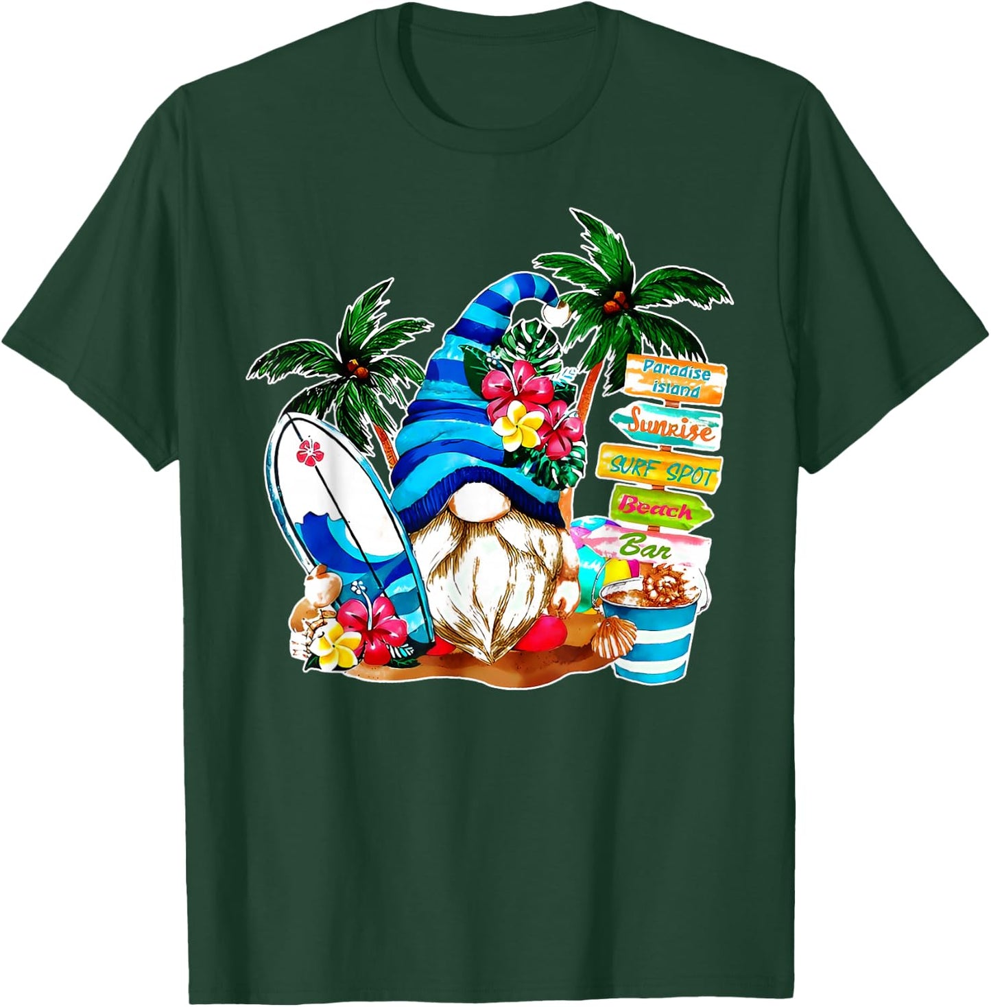 Holiday Beach Gnome Flower Palm Tree Surf Vacation Gnomies T-Shirt - T-Shirt | Forest