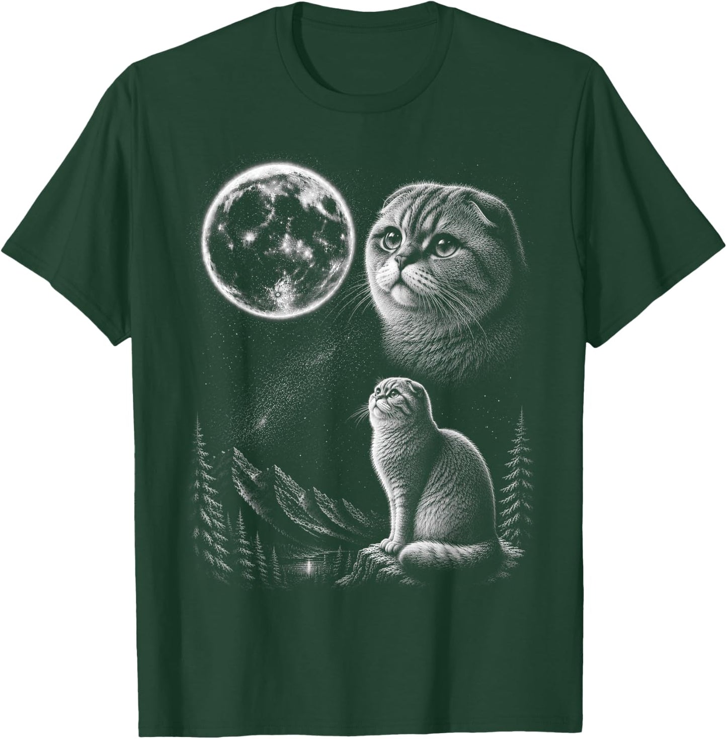 Scottish Fold Cat Howling to the Moon 90's Retro T-Shirt - T-Shirt | Forest