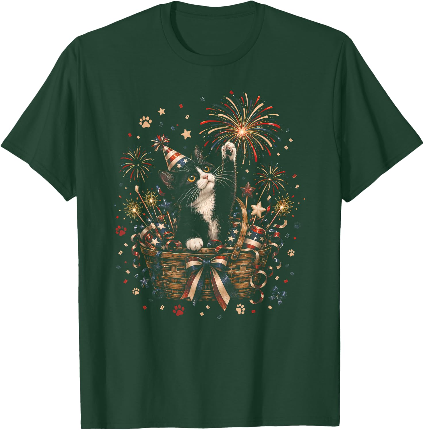 Patriotic Cat 4th of July American Flag Bow Girls Women T-Shirt - T-Shirt | Forest