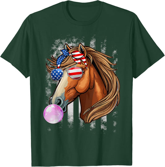 Horse Lovers Racers USA Flag 4th Of July Patriotic Girls T-Shirt - T-Shirt | Forest