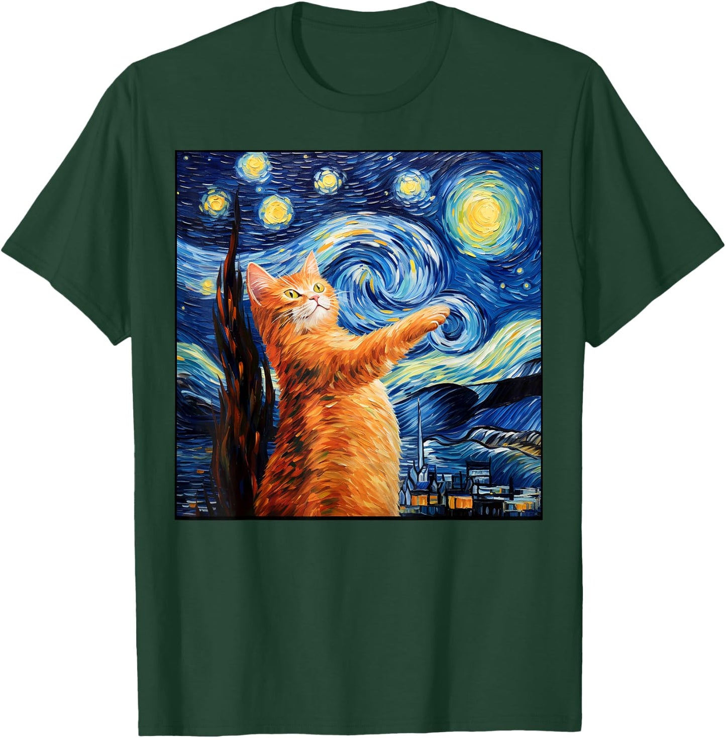 Art Van Gogh Starry Night Cat Painting Cats Lover Mom Dad T-Shirt - T-Shirt | Forest