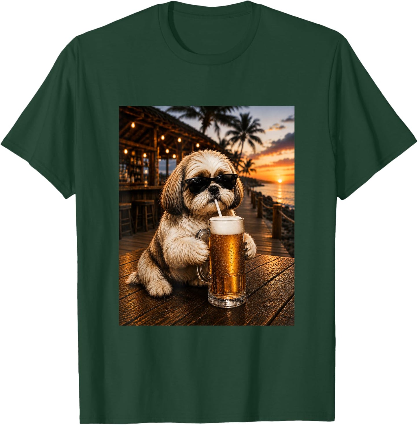 Funny Shih Tzu Drinking Beer Beach Sunset Men Women T-Shirt - T-Shirt | Forest