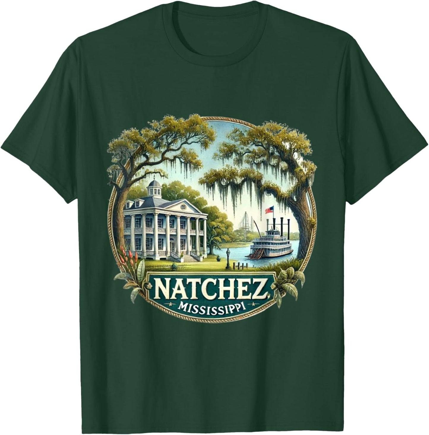 Natchez, MS Mississippi River Boat Plantation T-Shirt - T-Shirt | Forest
