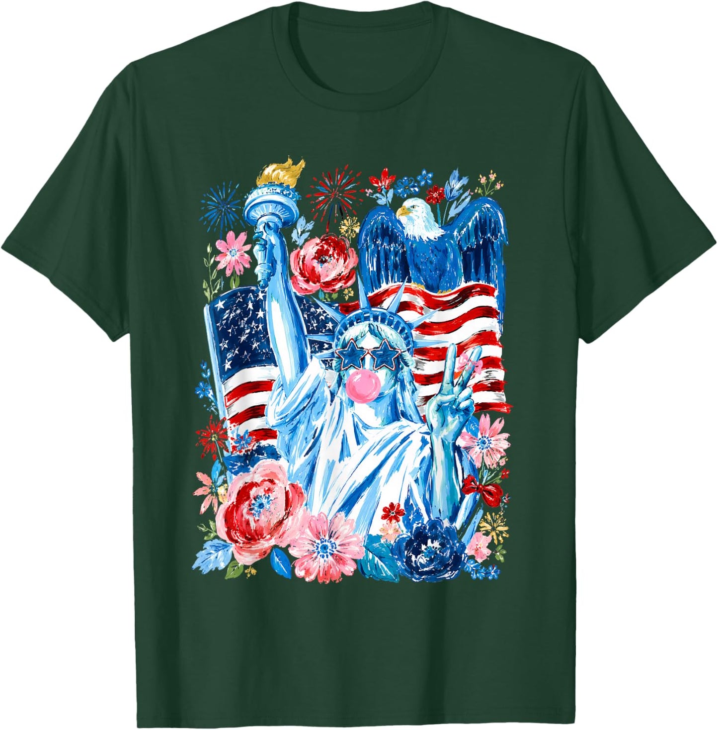 Brushstroke Statue of Liberty Blowing Bubble Gum 4th of July T-Shirt - T-Shirt | Forest