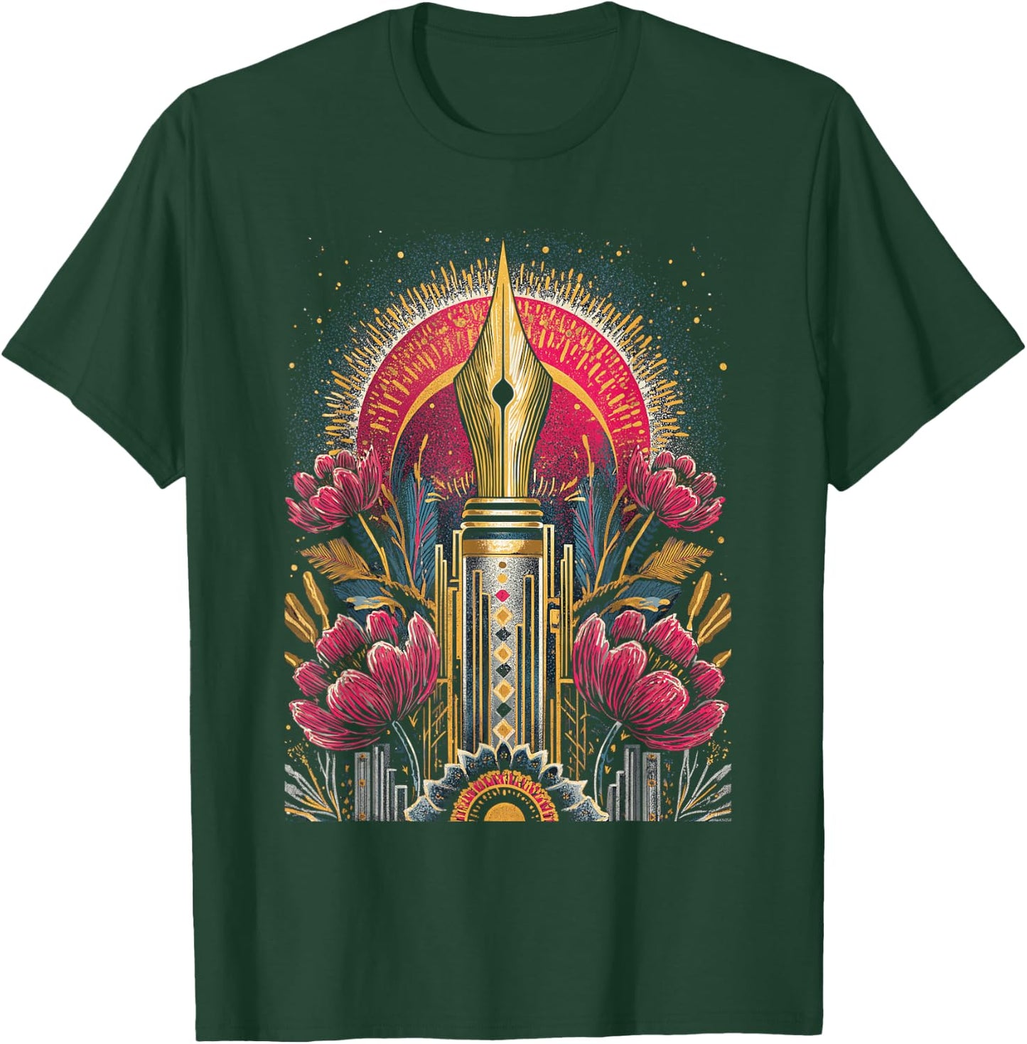 Art Deco Fountain Pen with Floral Ornament Retro Vintage T-Shirt - T-Shirt | Forest